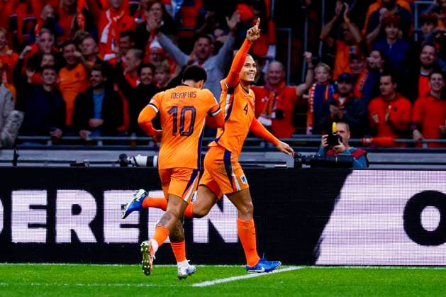 Virgil van Dijk of the Netherlands celebrates with teammates after scoring his teams third goal Netherlands v Finland, FIFA World Cup, WM, Weltmeisterschaft, Fussball 2026 Qualifier, Netherlands v Finland, Johan Cruijff Arena, October 12, 2025, Amsterdam, Netherlands.