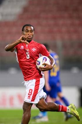 Paul Mbong seen celebrating after scoring goal during International Friendly, Länderspiel, Nationalmannschaft game between national teams of Malta and Bosnia and Herzegovina (Beppe Camilleri Ball Raw Images) Attard Ta Qali National Stadium Malta Copyright: xBeppexCamillerix beppecamirelli_maltabosnia25_26-23