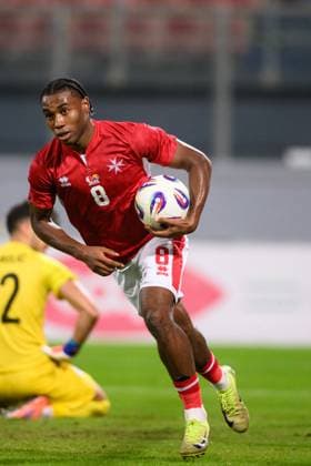 Paul Mbong seen celebrating after scoring goal during International Friendly, Länderspiel, Nationalmannschaft game between national teams of Malta and Bosnia and Herzegovina (Beppe Camilleri Ball Raw Images) Attard Ta Qali National Stadium Malta Copyright: xBeppexCamillerix beppecamirelli_maltabosnia25_26-25