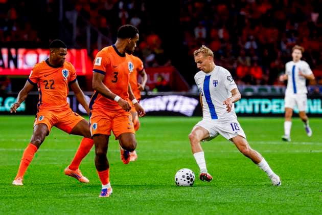 Topi Keskinen of Finland dribbles with the ball Netherlands v Finland, FIFA World Cup, WM, Weltmeisterschaft, Fussball 2026 Qualifier, Netherlands v Finland, Johan Cruijff Arena, October 12, 2025, Amsterdam, Netherlands.