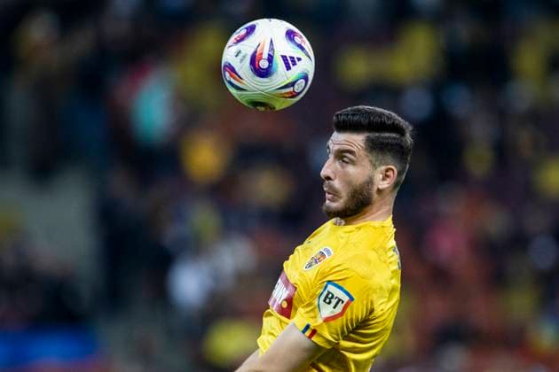 October 12, 2025, FIFA World Cup, WM, Weltmeisterschaft, Fussball Qualifier, Qualifying round, Matchday 8, Group H, Romania vs Austria, Bucharest, National Arena Stadium 3 Mihai Popescu climbs high and wins a header