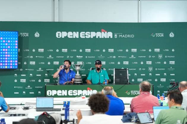 October 12, 2025, Madrid, Madrid, Spain: Marco Penge of England attends his press conference, PK, Pressekonferenz during the Trophy Ceremony after the Open de Espao±a presented by Madrid, R4 Final, golf tournament of DP World Tour at Club de Campo Villa de Madrid on October 12, 2025, in Madrid, Spain. Madrid Spain - ZUMAa181 20251012_zaa_a181_388 Copyright: xDennisxAgyemanx