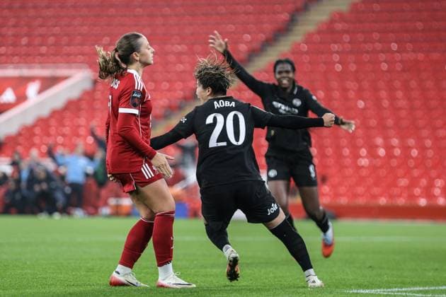 Aoba Fujino (20 Manchester City) celebrates putting Man City ahead during the Barclays Womens Super League fixture between Liverpool and Manchester City at Anfield in Liverpool, England Copyright: xNataliexMincher SPPx Sportspressphoto_SPR41763