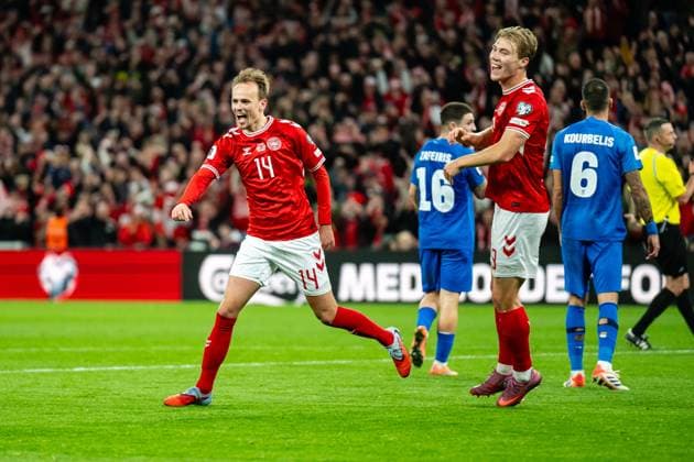 Denmark v Greece, UEFA World Cup qualifier, Copenhagen, Denmark Copenhagen, Denmark. 12th, October 2025. Mikkel Damsgaard (14) of Denmark scores for 3-0 during the UEFA world cup qualifier between Denmark and Greece at Parken in Copenhagen. Denmark, Copenhagen  Copyright: xGonzalesxPhoto TobiasxJorgensenx