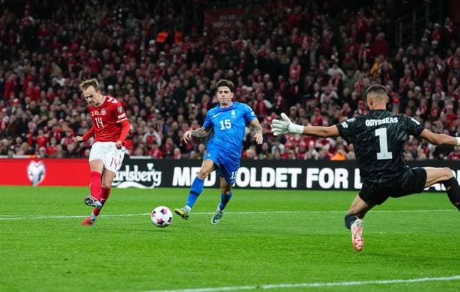 October 12 2025: Mikkel Damsgaard of Denmark scores and celebrates his teams third goal during a World Cup Qualification game, Denmark v Greece, at Parken, Copenhagen, Denmark. Kim Price CSM Copenhagen Denmark - ZUMAc04_ 20251012_zma_c04_052 Copyright: xUlrikxPedersenx