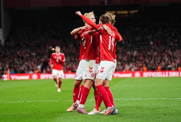 October 12 2025: Mikkel Damsgaard of Denmark scores and celebrates his teams third goal during a World Cup Qualification game, Denmark v Greece, at Parken, Copenhagen, Denmark. Kim Price CSM Copenhagen Denmark - ZUMAc04_ 20251012_zma_c04_060 Copyright: xUlrikxPedersenx