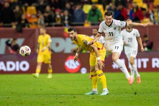 October 12, 2025, FIFA World Cup, WM, Weltmeisterschaft, Fussball Qualifier, Qualifying round, Matchday 8, Group H, Romania vs Austria, Bucharest, National Arena Stadium 11 Michael Gregoritsch crosses the ball