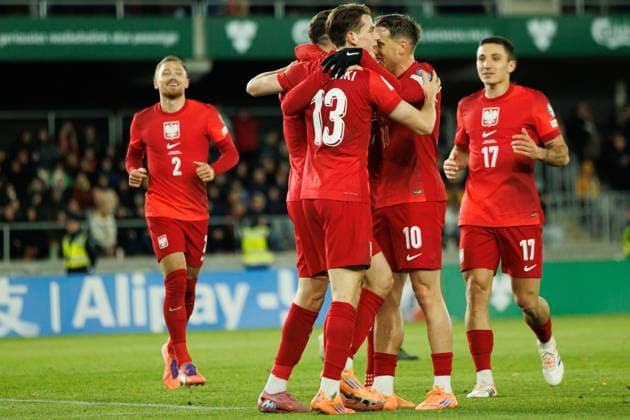 Robert Lewandowski and others seen celebrating after scoring goa during World Cup 2026 European Qualifying game between national teams of Lithuania and Poland (Maciej Rogowski Ball Raw Images) Kaunas Darius and Girenas Stadium Lithuania Copyright: xMaciejxRogowskix maciejrogowski_lithuaniapoland25_26-3
