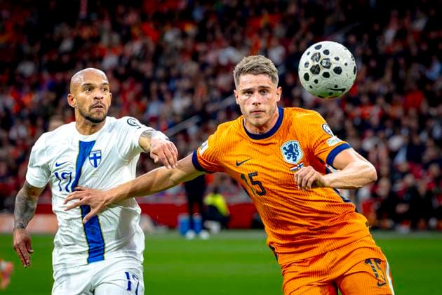 Finland defender Nikolai Alho, Netherlands defender Micky van de Ven during the match Netherlands vs Finland at the Johan Cruijff ArenA for the European Qualifiers Group G season 2025-2026 in AMSTERDAM, Netherlands on 12 oktober 2025, (photo by Marcel van Dorst EYE4images DeFodi Images) Finland defender Nikolai Alho, Netherlands defender Micky van de Ven during the match Netherlands vs Finland at the Johan Cruijff ArenA for the European Qualifiers Group G season 2025 2026 in AMSTERDAM, Netherlands on 12 oktober 2025, photo by Marcel van Dorst EYE4images DeFodi Images