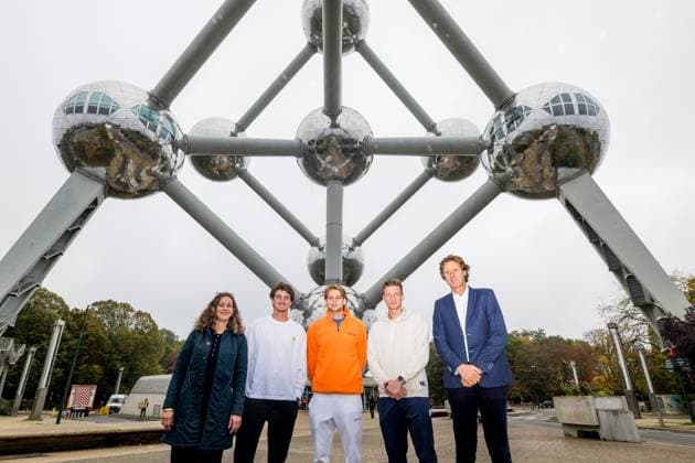 Brazilian Joao Fonseca, Belgian Zizou Bergs, Czech Jiri Lehecka and European Open tournament director Dick Norman poses for the photographer during the media day at the European Open ATP, Tennis Herren tennis tournament in Brussels, on Monday 13 October 2025. This year s edition of the tournament is taking place from 12 to 19 October 2025. DAVIDxPINTENS  x136667609x
