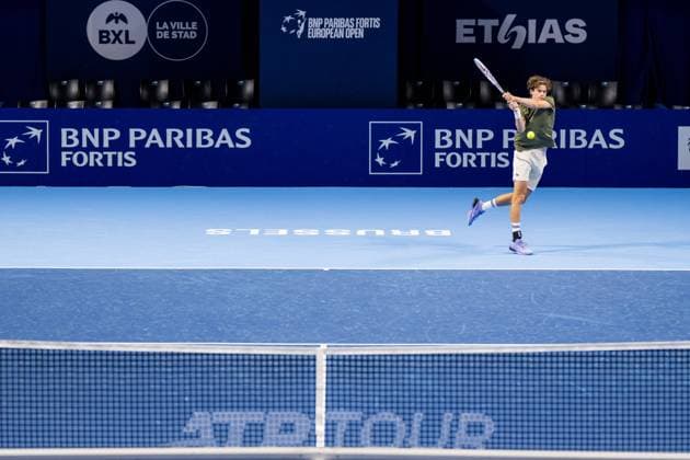 Belgian Alexander Blockx pictured in action during the European Open ATP, Tennis Herren tennis tournament in Brussels, on Monday 13 October 2025. This year s edition of the tournament is taking place from 12 to 19 October 2025. JASPERxJACOBS  x136668809x