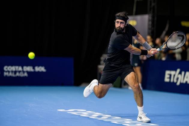 Georgia s Nikoloz Basilashvili pictured in action during the European Open ATP, Tennis Herren tennis tournament in Brussels, on Monday 13 October 2025. This year s edition of the tournament is taking place from 12 to 19 October 2025. JASPERxJACOBS  x136669141x