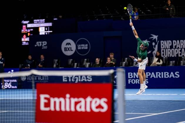 US Eliot Spizzirri pictured in action during the European Open ATP, Tennis Herren tennis tournament in Brussels, on Monday 13 October 2025. This year s edition of the tournament is taking place from 12 to 19 October 2025. JASPERxJACOBS  x136669324x