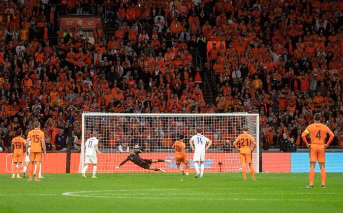 Amsterdam The Netherlands 12th October 2025 UEFA 2026 FIFA World Cup, WM, Weltmeisterschaft, Fussball qualification match The Netherlands vs Finland in the Johan Cruijff Arena Memphis Depay shoots and scores from the penalty spot football, game, team, international, interland, national, squad, kwalificatie, elftal,Dutch,