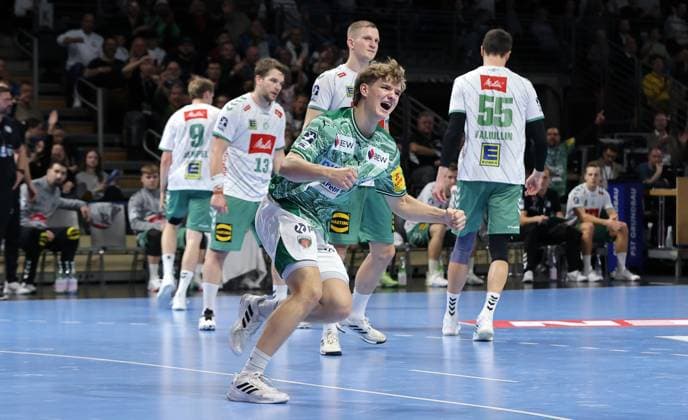 Jonas Kofler celebrates after scoring his first Bundesliga goal Joy Emotion Cheers Sport Handball HBL Bundesliga Men 8 Matchday Season 2025 2026 12 10 2025 Füchse Berlin vs TSV GWD Minden