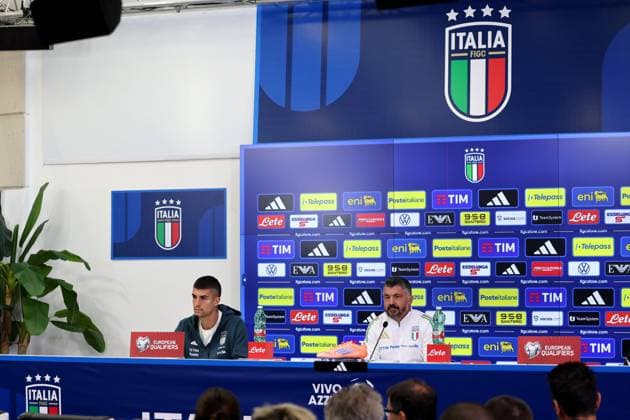 October 13, 2025, Udine: Head coach of Italy Gennaro Gattuso and Italian player Gianluca Mancini during the Italy press conference, PK, Pressekonferenz prior the 2026 FIFA World Cup, WM, Weltmeisterschaft, Fussball European Qualifiers soccer match between Italy and Israel at Bluenergy Stadium - Stadio Friuli in Udine, Italy, 13 October 2025. ANSA . Soccer: 2026 FIFA World Cup European Qualifiers Italy Vs Israel  - ZUMAa110 20251013_zaf_a110_003 Copyright: xGiannixStrizzolox