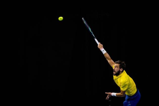 Bosnian Damir Dzumhur pictured in action during the European Open ATP, Tennis Herren tennis tournament in Brussels, on Monday 13 October 2025. This year s edition of the tournament is taking place from 12 to 19 October 2025. JASPERxJACOBS  x136688143x