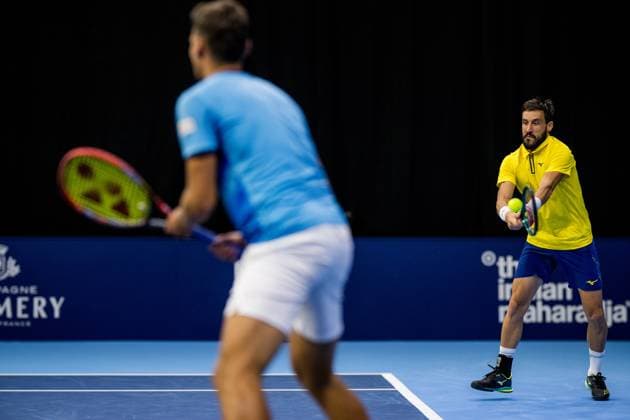 Polish Piotr Matuszewski and Bosnian Damir Dzumhur pictured in action during the European Open ATP, Tennis Herren tennis tournament in Brussels, on Monday 13 October 2025. This year s edition of the tournament is taking place from 12 to 19 October 2025. JASPERxJACOBS  x136688168x