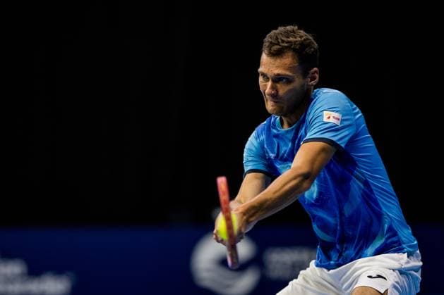 Polish Piotr Matuszewski pictured in action during the European Open ATP, Tennis Herren tennis tournament in Brussels, on Monday 13 October 2025. This year s edition of the tournament is taking place from 12 to 19 October 2025. JASPERxJACOBS  x136688169x