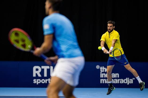 Polish Piotr Matuszewski and Bosnian Damir Dzumhur pictured in action during the European Open ATP, Tennis Herren tennis tournament in Brussels, on Monday 13 October 2025. This year s edition of the tournament is taking place from 12 to 19 October 2025. JASPERxJACOBS  x136688179x
