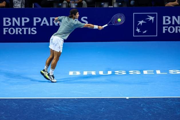 US Marcos Giron pictured in action during the European Open ATP, Tennis Herren tennis tournament in Brussels, on Monday 13 October 2025. This year s edition of the tournament is taking place from 12 to 19 October 2025. DAVIDxPINTENS  x136691341x