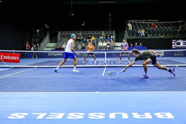 Belgian Alexander Blockx and Belgian Tibo Colson pictured in action during the European Open ATP, Tennis Herren tennis tournament in Brussels, on Monday 13 October 2025. This year s edition of the tournament is taking place from 12 to 19 October 2025. DAVIDxPINTENS  x136695590x