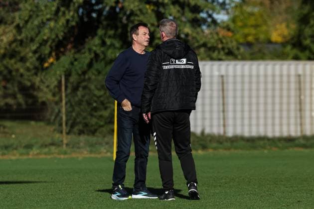 Managing Director Sports Otmar Schork 1 FC Magdeburg with coach Petrik Sander 1 FC Magdeburg 2 Soccer Bundesliga Season 2025 2026 Training 1 FC Magdeburg at the Avnet Arena in Magdeburg Soccer,Man,Men,Germany,13 10 2025
