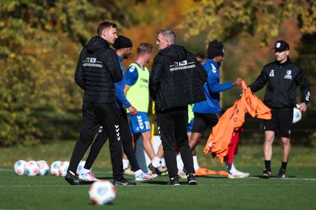 Coach Petrik Sander 1 FC Magdeburg and Coach Pascal Ibold 1 FC Magdeburg 2 Soccer Bundesliga Season 2025 2026 Training 1 FC Magdeburg at the Avnet Arena in Magdeburg Soccer,Man,Men,Germany,13 10 2025