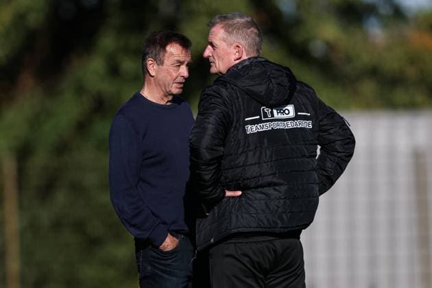 Managing Director Sports Otmar Schork 1 FC Magdeburg with coach Petrik Sander 1 FC Magdeburg 2 Soccer Bundesliga Season 2025 2026 Training 1 FC Magdeburg at the Avnet Arena in Magdeburg Soccer,Man,Men,Germany,13 10 2025