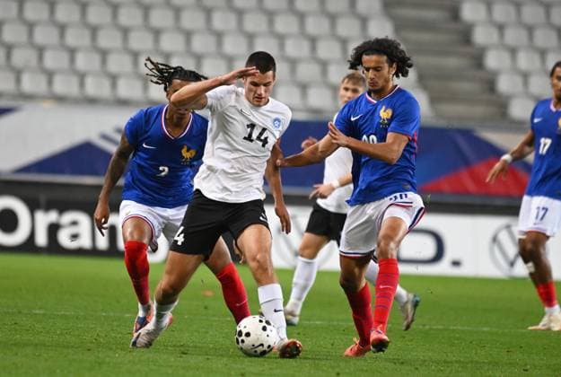 Football : 2025 UEFA European Under-21 Championship qualification -France v Estonia Ayyoub BOUADDI of France and Tony VARJUND of Estonia during the 2025 UEFA European Under-21 Championship qualification, Group C football match between France u 21 and Estonia u 21 at the Alpes stadium Grenoble on October 13, 2025  Copyright: xALLILI_MOURADx