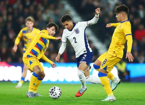 Rico Lewis of England and Hugo Ferreira of Andorra England U21, U 21 v Andorra U21, UEFA U21 Championship Qualifying, Group D, Football, Pride Park, Derby, UK - 13 Oct 2025Derby Pride Park United Kingdom EDITORIAL USE ONLY No use with unauthorised audio, video, data, fixture lists, club league logos or live services. Online in-match use limited to 120 images, no video emulation. No use in betting, games or single club league player publications. Copyright: xMattxWest Shutterstockx 15523218l