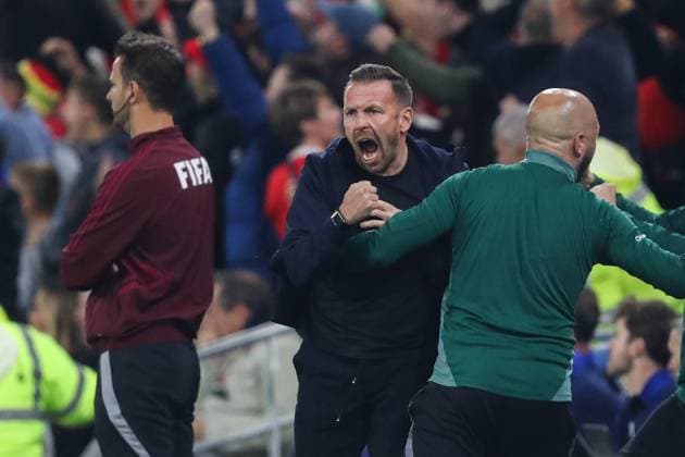 Cardiff, Wales, 13th October 2025. Craig Bellamy manager of Wales celebrates his side s goal to make it 1-0 during the Wales vs Belgium FIFA World Cup, WM, Weltmeisterschaft, Fussball European Qualifying match at the Cardiff City Stadium, Cardiff. Picture credit should read: Gareth Evans Sportimage EDITORIAL USE ONLY. No use with unauthorised audio, video, data, fixture lists, club league logos or live services. Online in-match use limited to 120 images, no video emulation. No use in betting, games or single club league player publications. SPI_024_GE_WAL_vs_BEL SPI-4214-0022