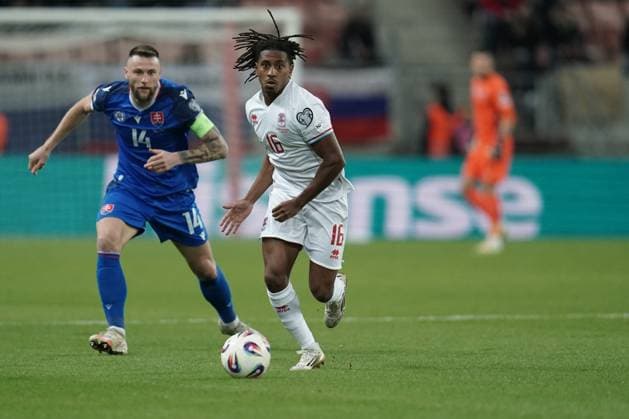 Soccer World Cup Qualification 2025 2026 13 10 2025, Soccer international match, international match, World Cup Qualification, 2025 2026, Group A, Slovakia, Trvana, City Arena, Slovakia SVK Luxembourg LUX vl Milan Skriniar Slovakia, 14 Leandro Barreiro Luxembourg, Luxembourg, FLF 16
