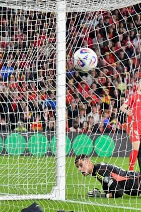 iFootball - 2026 FIFA World Cup, WM, Weltmeisterschaft, Fussball - European Qualifying - Group J - Matchday 8 12 - Wales vs Belgium - Cardiff City Stadium - Monday 13th October 2025 goalkeeper Karl Darlow WALES is beaten by a shot from Charles De Ketelaere BELGIUM COLORSPORT Winston Bynorth 