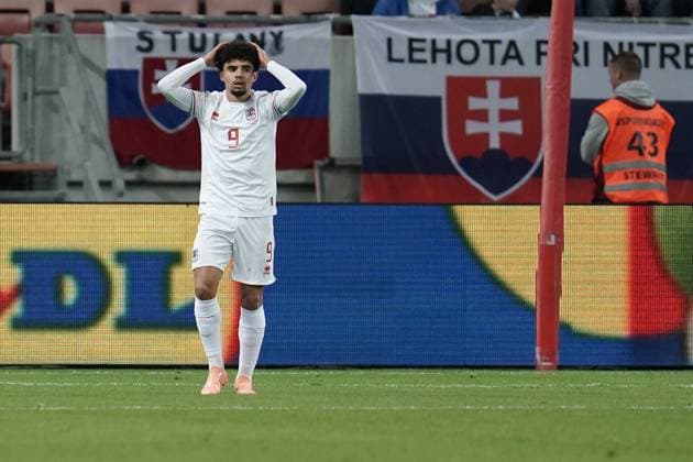 Soccer World Cup Qualification 2025 2026 13 10 2025, Soccer international match, international match, World Cup Qualification, 2025 2026, Group A, Slovakia, Trvana, City Arena, Slovakia SVK Luxembourg LUX vl Aiman Dardari Luxembourg, Luxembourg, FLF 9 is disappointed, is frustrated, frustrated, shows emotions, is frustrated, shows emotions after lost chance