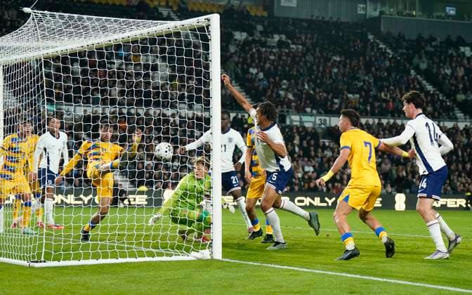 Derby, England, 13th October 2025. Nil Boutarfas of Andorra (L) clears off the line during the England U21, U 21 vs Andorra U21 UEFA European Under-21 Championship Qualifier match at Pride Park Stadium, Derby. Picture credit should read: Andrew Yates Sportimage EDITORIAL USE ONLY. No use with unauthorised audio, video, data, fixture lists, club league logos or live services. Online in-match use limited to 120 images, no video emulation. No use in betting, games or single club league player publications. SPI_009_AY_ENGu21_ANDORRAu21 SPI-4215-0009