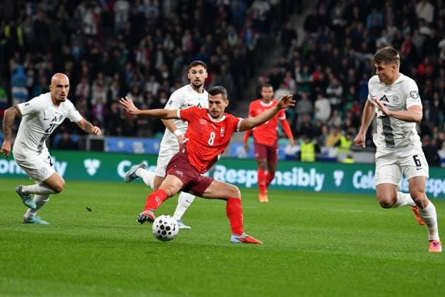 Ljubljana, Slovenia, October 13th 2025, Remo Freuler of Switzerland (C) in action against Jaka Bijol of Slovenia (R) during the UEFA European Qualifiers for 2026 World Cup, Group B match between Slovenia and Switzerland at Stadium Stozice, Ljubljana, Slovenia. (Photo by Natasa Kupljenik Sports Press Photo) Copyright: xNatasaxKupljenikx xSPPx Sportspressphoto_SPR42161