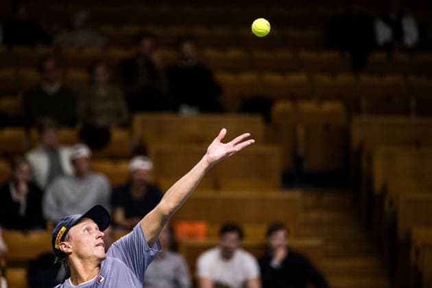 251013 Leo Borg of Sweden competes in a men s singles tennis match during day 1 of the ATP 250 Nordic Open on October 13, 2025 in Stockholm Photo Emma Wallskog BILDBYRAN COP 320 EW0577 tennis nordic open nordic open 2024 bbeng sverige sweden  Copyright: EMMAxWALLSKOG BB251013EW052