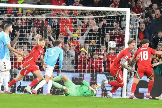 Football - 2026 FIFA World Cup, WM, Weltmeisterschaft, Fussball - European Qualifying - Group J - Matchday 8 12 - Wales vs Belgium - Cardiff City Stadium - Monday 13th October 2025 Joe Rodon WALES celebrates scoring his team s first goal COLORSPORT Winston Bynorth 