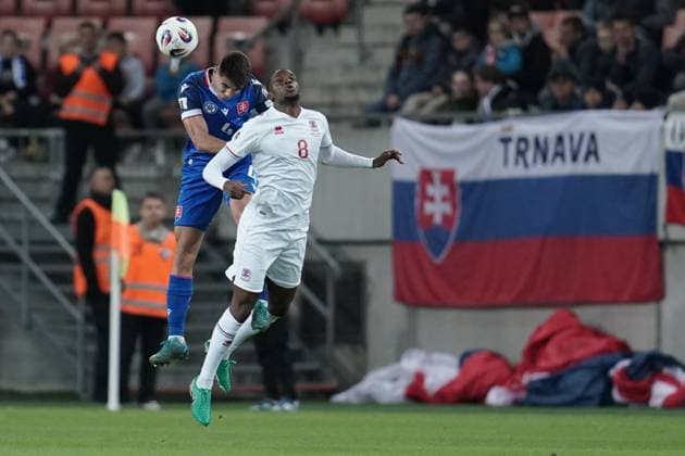 Soccer World Cup Qualification 2025 2026 13 10 2025, Soccer international match, international match, World Cup Qualification, 2025 2026, Group A, Slovakia, Trvana, City Arena, Slovakia SVK Luxembourg LUX vl Adam Obert Slovakia, 4 Christopher Kiki Martins Pereira Luxembourg, Luxembourg, FLF 8
