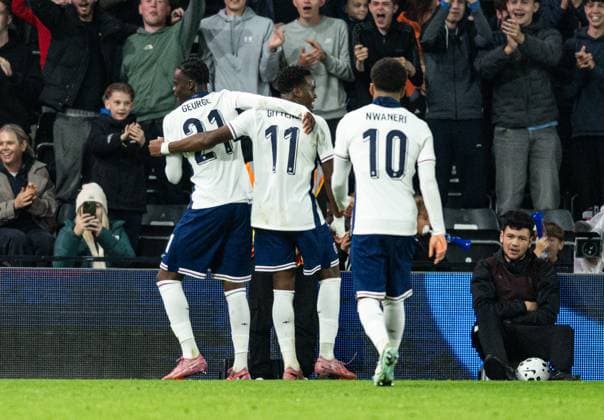 13th October 2025; Pride Park, Derby, Midlands, England; UEFA European Under 21 Championship Qualifying, England versus Andorra; Tyrique George of England U21, U 21 celebrates with his team after scoring in the 41st minute for 1-0  GodfreyxPitt