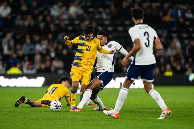 13th October 2025; Pride Park, Derby, Midlands, England; UEFA European Under 21 Championship Qualifying, England versus Andorra; Ot Remolins of Andorra U21, U 21 is tackled by Jobe Bellingham of England U21  GodfreyxPitt