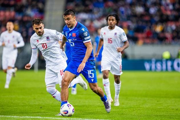 SLOVAKIA - LUXEMBOURG David Strelec of Slovakia and Danel Sinani, Leandro Barreiro of Luxembourg during European qualifier of World Cup 2026 football match between Slovakia and Luxembourg. City Arena, Trnava, Slovakia, October 13, 2025. Copyright: xx 080A1445