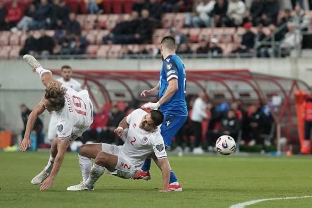Soccer World Cup Qualification 2025 2026 13 10 2025, Soccer international match, international match, World Cup Qualification, 2025 2026, Group A, Slovakia, Trvana, City Arena, Slovakia SVK Luxembourg LUX vl Seid Korac Luxembourg, Luxembourg, FLF 2 clear Mathias Olesen Luxembourg, Luxembourg, FLF 19