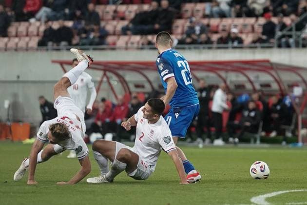 Soccer World Cup Qualification 2025 2026 13 10 2025, Soccer international match, international match, World Cup Qualification, 2025 2026, Group A, Slovakia, Trvana, City Arena, Slovakia SVK Luxembourg LUX vl Seid Korac Luxembourg, Luxembourg, FLF 2 clear Mathias Olesen Luxembourg, Luxembourg, FLF 19