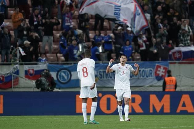 Football World Cup Qualification 2025 2026 13 10 2025, Football international, international match, World Cup Qualification, 2025 2026, Group A, Slovakia, Trvana, City Arena, Slovakia SVK Luxembourg LUX vl Seid Korac Luxembourg, Luxembourg, FLF 2 whips the team on after trailing 0 1