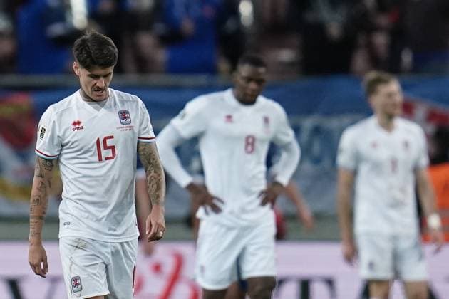 Soccer World Cup Qualification 2025 2026 13 10 2025, Soccer international match, international match, World Cup Qualification, 2025 2026, Group A, Slovakia, Trvana, City Arena, Slovakia SVK Luxembourg LUX vl Olivier Thill Luxembourg, Luxembourg, FLF 15 is disappointed, is frustrated, frustrated, shows emotions, is frustrated, shows emotions Christopher Kiki Martins Pereira Luxembourg, Luxembourg, FLF 8 Enes Mahmutovic Luxembourg, Luxembourg, FLF 3