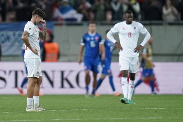 Soccer World Cup Qualification 2025 2026 13 10 2025, Soccer international match, international match, World Cup Qualification, 2025 2026, Group A, Slovakia, Trvana, City Arena, Slovakia SVK Luxembourg LUX vl Olivier Thill Luxembourg, Luxembourg, FLF 15 is disappointed, is frustrated, frustrated, shows emotions, is frustrated, shows emotions