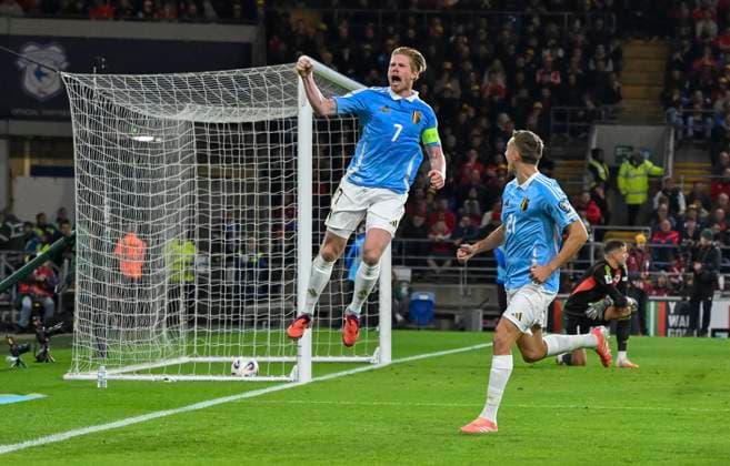 13th October 2025; Cardiff City Stadium, Cardiff, Wales; FIFA World Cup, WM, Weltmeisterschaft, Fussball Qualifying Group J International Football, Wales versus Belgium; Kevin De Bruyne of Belgium jumps up to celebrate his sides 3rd goal of the match in the 76th minute for 3-1  AledxHopkins