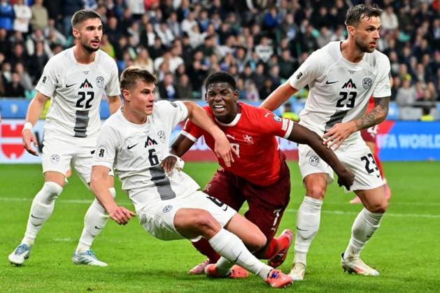 Ljubljana, Slovenia, October 13th 2025, Breel Embolo of Switzerland (2R) in action against David Brekalo of Slovenia (R) during the UEFA European Qualifiers for 2026 World Cup, Group B match between Slovenia and Switzerland at Stadium Stozice, Ljubljana, Slovenia. (Photo by Igor Kupljenik Sports Press Photo) Copyright: xIgorxKupljenikx xSPPx Sportspressphoto_SPR42229